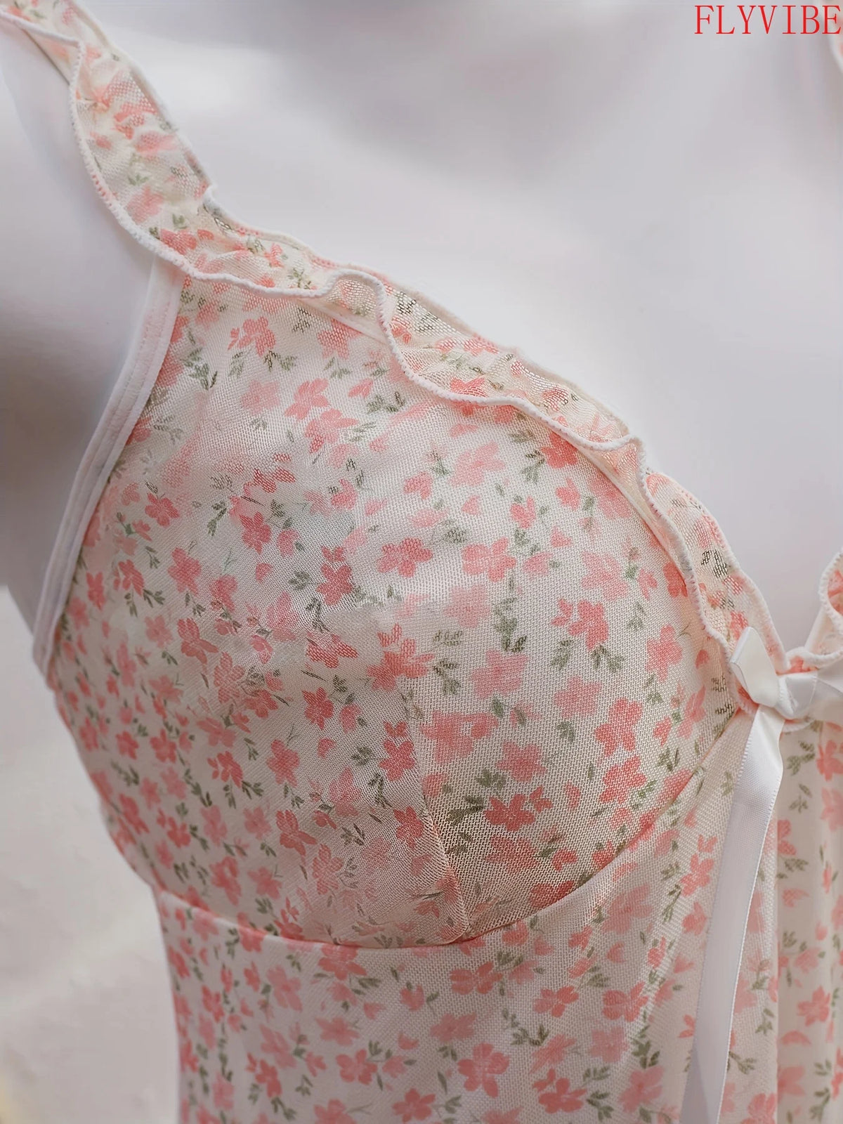 Floral Lace V-Neck Nightgown with Bow Detail, Pleated Ruffle Hem and Delicate Backless Silhouette