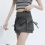 High Waist Cargo Mini Skirt with Lace-Up Detail and Utility Pockets