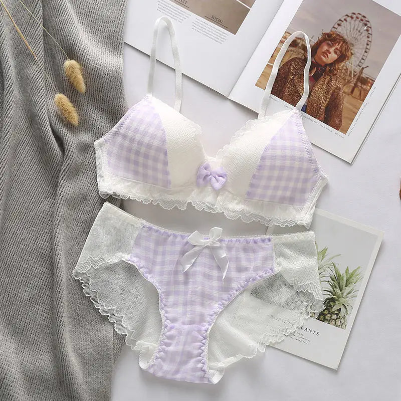 Playful Gingham Check and White Wire-Free Bra Set with Ruffled Lace Trim
