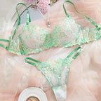 Purple Floral Blossom Embroidered Sheer Underwire Lingerie Set