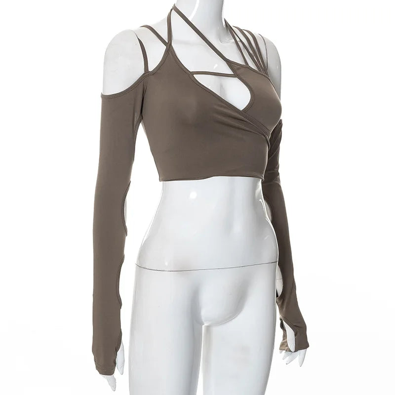 Strappy Cutout Halter Crop Top with Long Sleeves Contemporary Streetwear Style