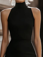 Two-Tone High-Neck Bodycon Midi Dress with Contrasting Pleated Flounce Hem