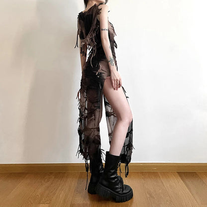 Sheer Gothic Maxi Dress with Elegant Alternative Grunge Aesthetic