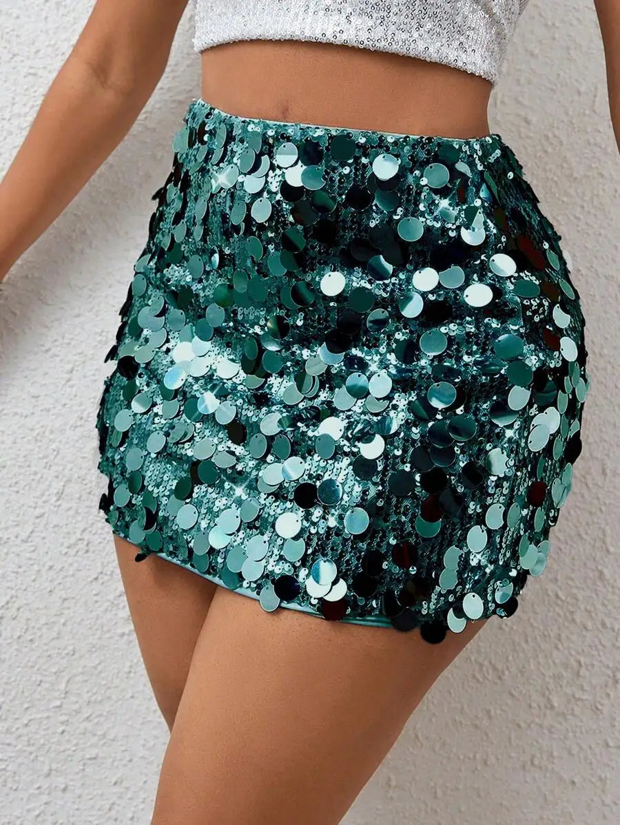 Stretch Sequin Bodycon Mini Skirt with High Shine Party Silhouette