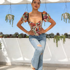 Romantic Floral Tapestry Overbust Corset with Sweetheart Neckline and Detachable Puff Sleeves