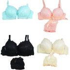 Pastel Floral Lace Contoured Push-Up Bra and Ruffled Cheeky Panty Set with Satin Bow Accents