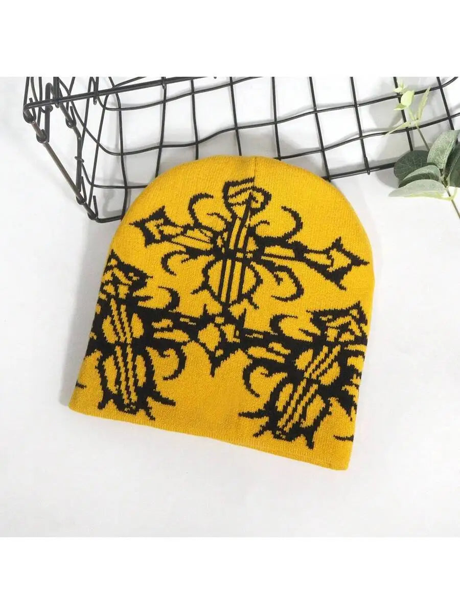 Abstract Jacquard Acrylic Knit Beanie for Modern Streetwear Casual Winter Everyday Fashion Style