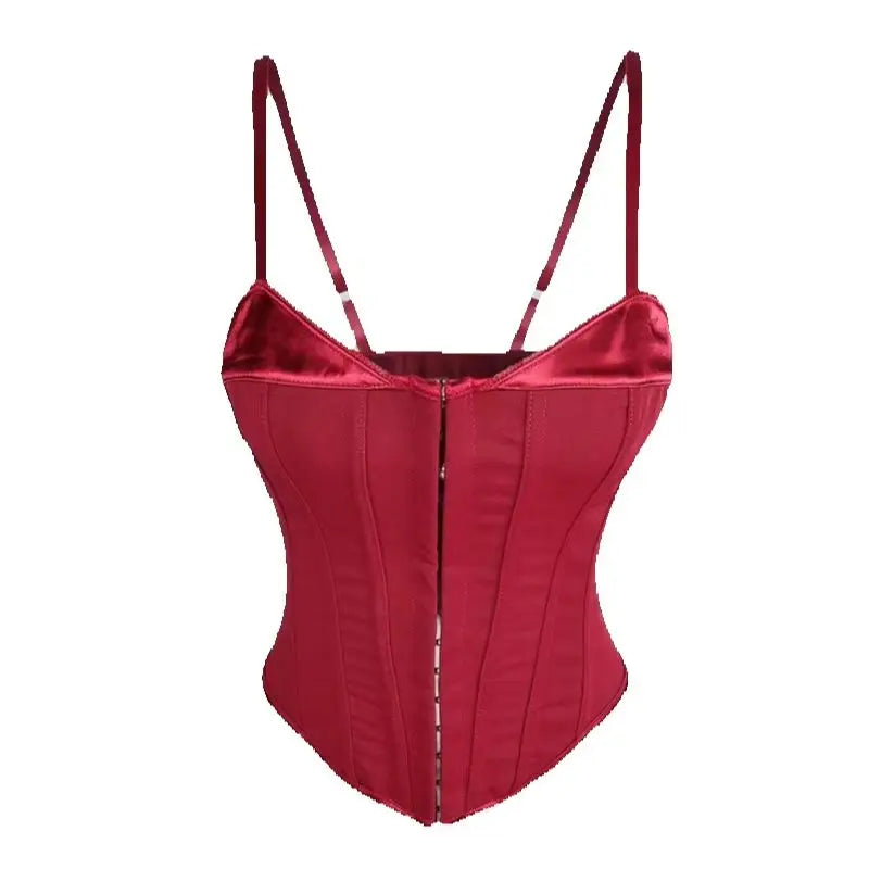 Rich Crimson Red Overbust Corset Top with Slender Straps and Front Hook Closure
