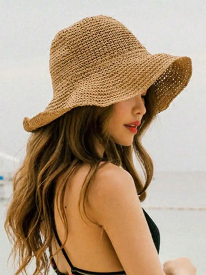Foldable Boho Straw Sun Hat with Wide Brim for Beach Vacations and Outdoor Style