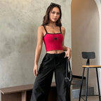 Square Neck Ribbed Crop Top with Graphic Embroidery Streetwear Slim Fit