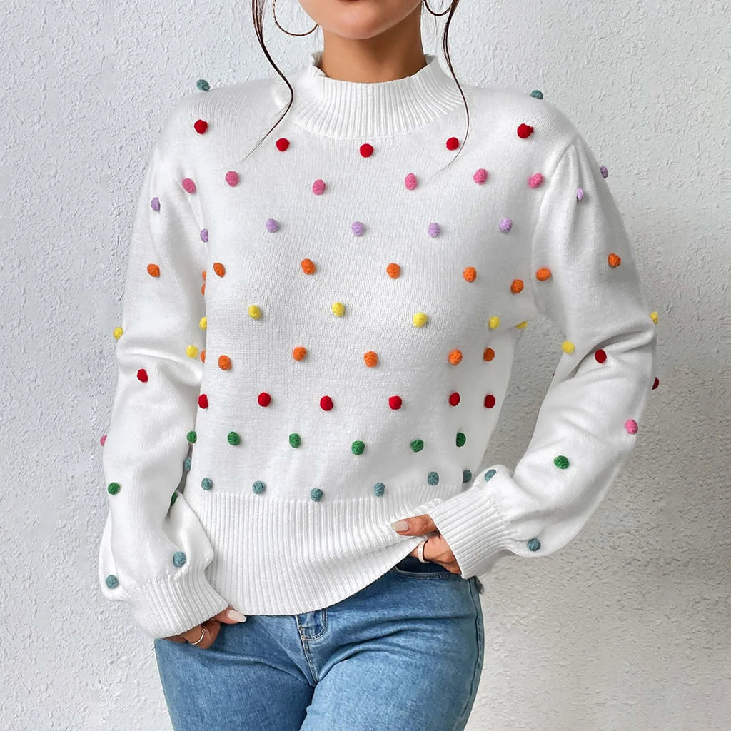 Women's Polka Dot Textured Knit Relaxed Fit Contemporary Sweater Pullover
