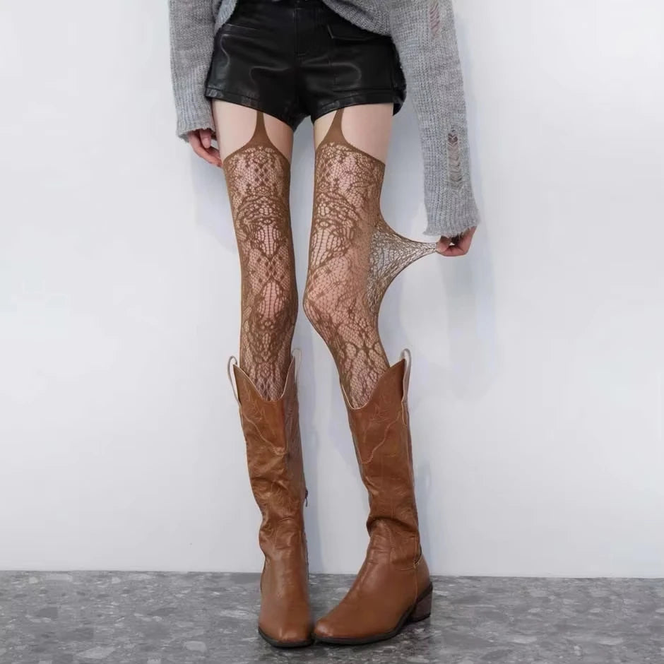 Floral Fishnet Suspender Tights Alternative Punk Fashion Garter Style Hosiery