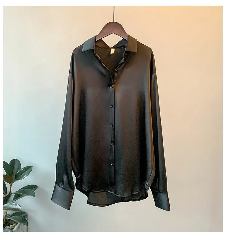 Luminous Satin-Finish Button-Down Blouse with Flowing Drape and Classic Collar