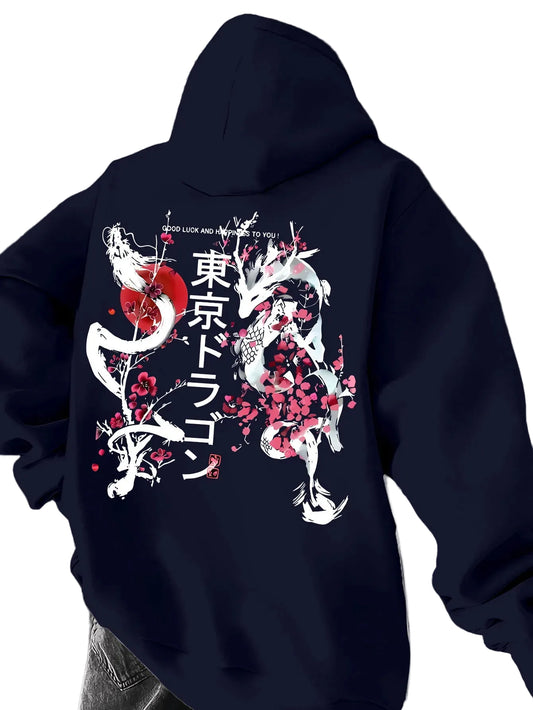 Dark Anime Dragon Streetwear Hoodie with Manga-Inspired Floral Artwork