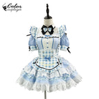 Light Blue Gingham Lolita Maid Dress with Intricate Lace and Bow Accents