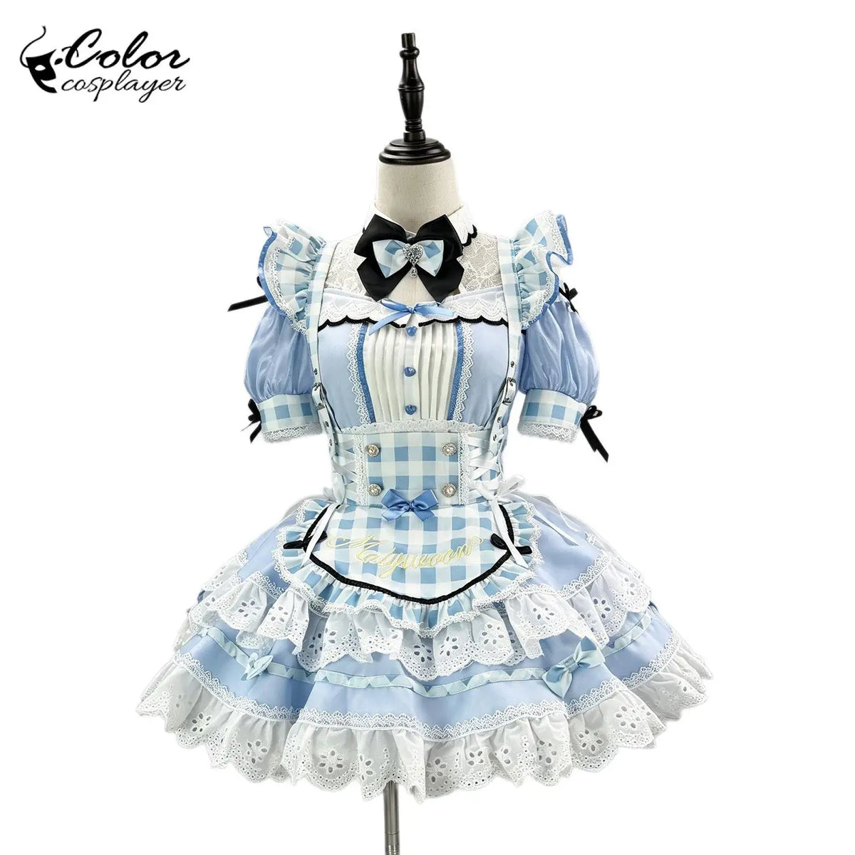 Light Blue Gingham Lolita Maid Dress with Intricate Lace and Bow Accents