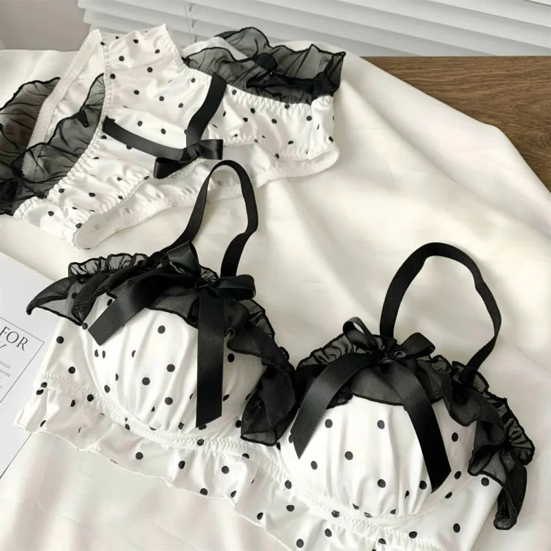 Playful Black and White Polka Dot Wire-Free Ruffled Bra Set