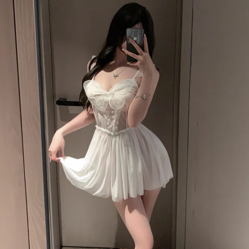 Ethereal Sheer Chiffon-Style Mini Nightgown with Intricate Lace Bodice