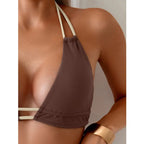 Earthy Brown Color-Block Triangle Bikini with V-Shaped Waistline