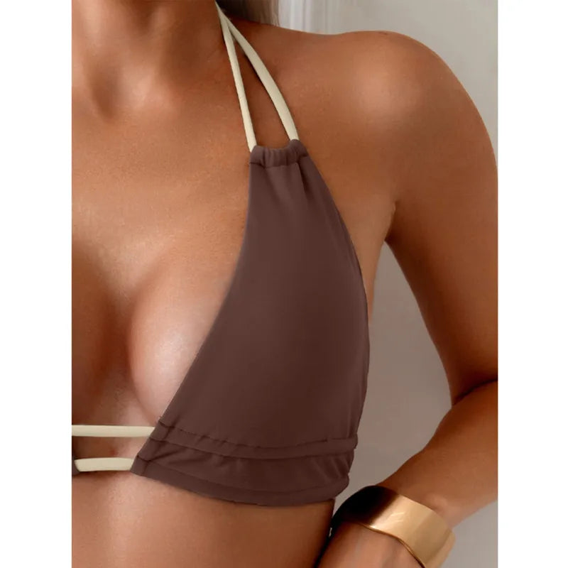 Earthy Brown Color-Block Triangle Bikini with V-Shaped Waistline