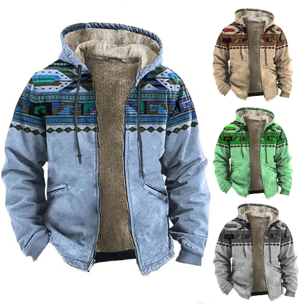 Men's Hooded Sherpa Lined Geometric Pattern Zip Jacket for Relaxed Outdoor Streetwear Style