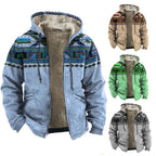 Men's Hooded Sherpa Lined Geometric Pattern Zip Jacket for Relaxed Outdoor Streetwear Style