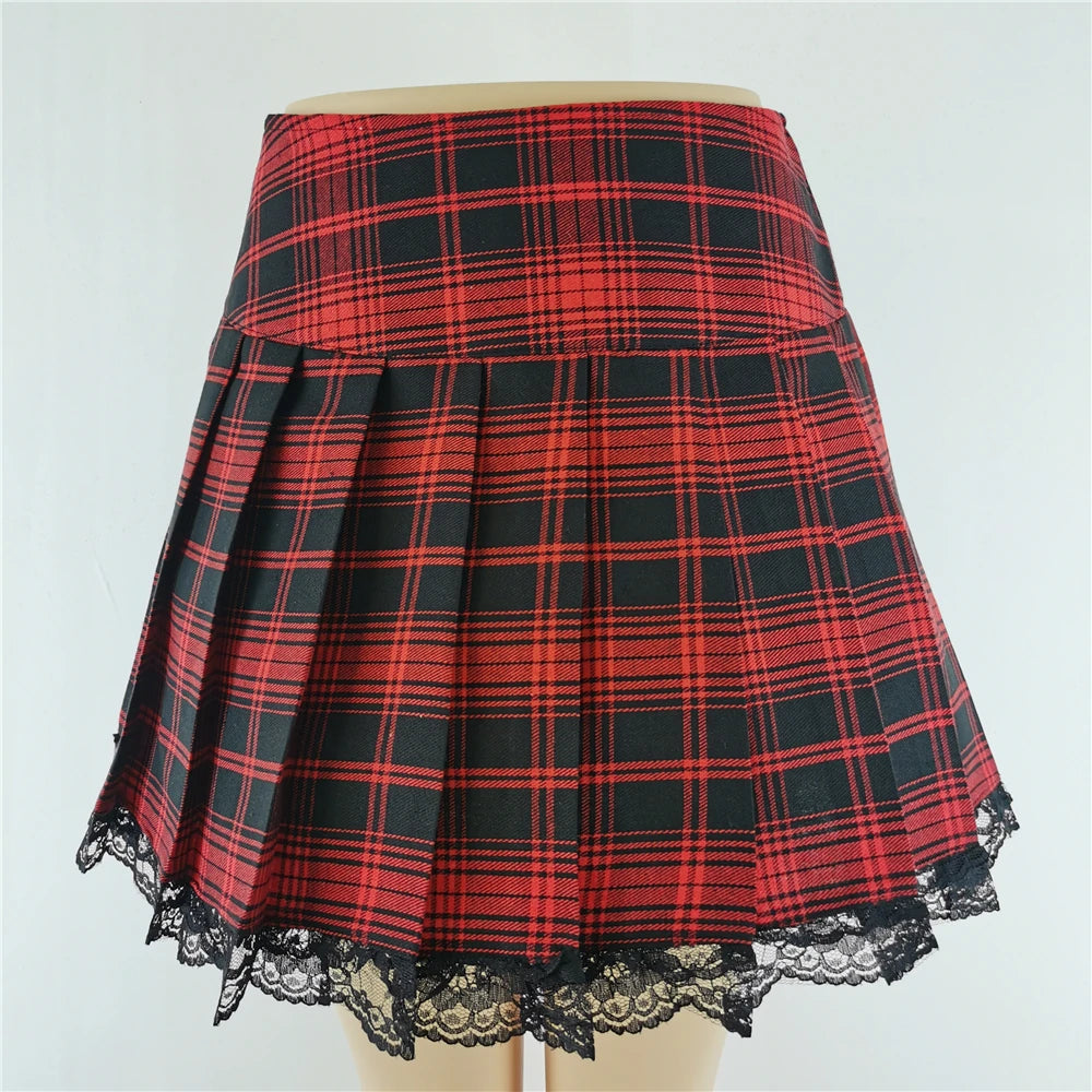 Plaid Tiered Ruffle Mini Skirt Lace Trim Gothic Inspired Alternative Bottom