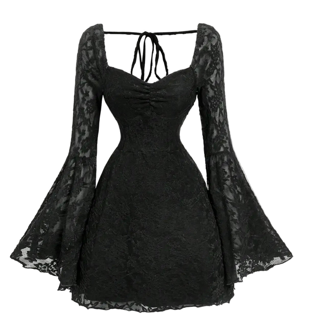 Bell Sleeve Lace Gothic Mini Dress with Dark Romantic Aesthetic