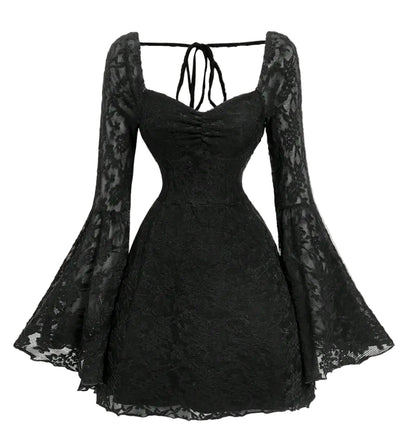 Bell Sleeve Lace Gothic Mini Dress with Dark Romantic Aesthetic