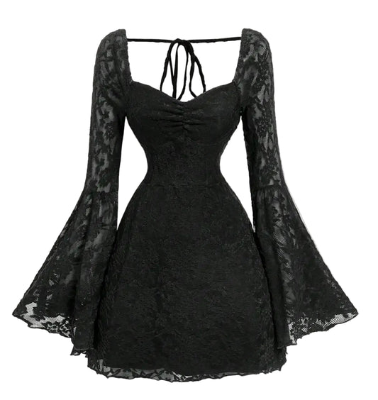 Bell Sleeve Lace Gothic Mini Dress with Dark Romantic Aesthetic