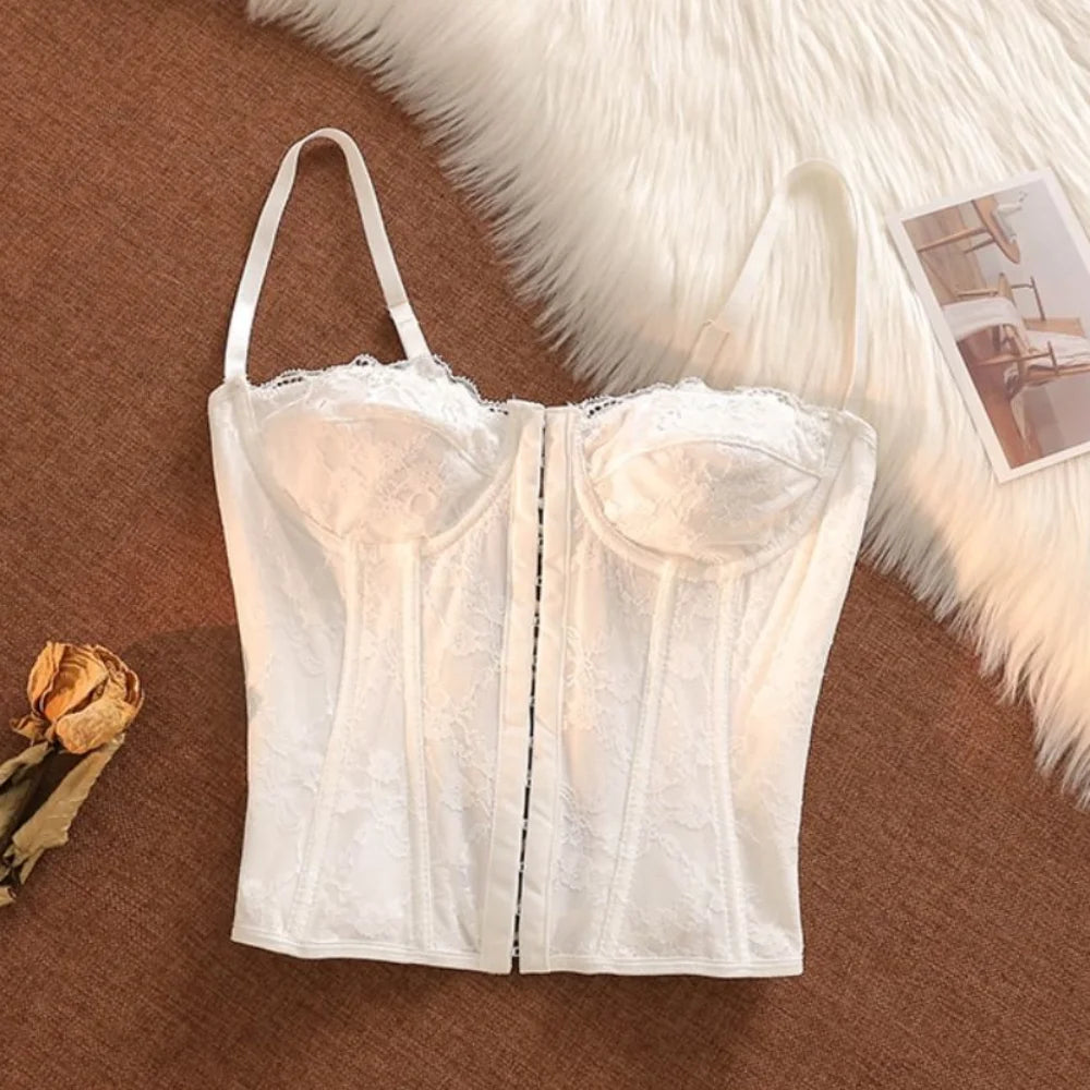 Floral Lace Camisole Corset with Front Hook Closure and Delicate Straps