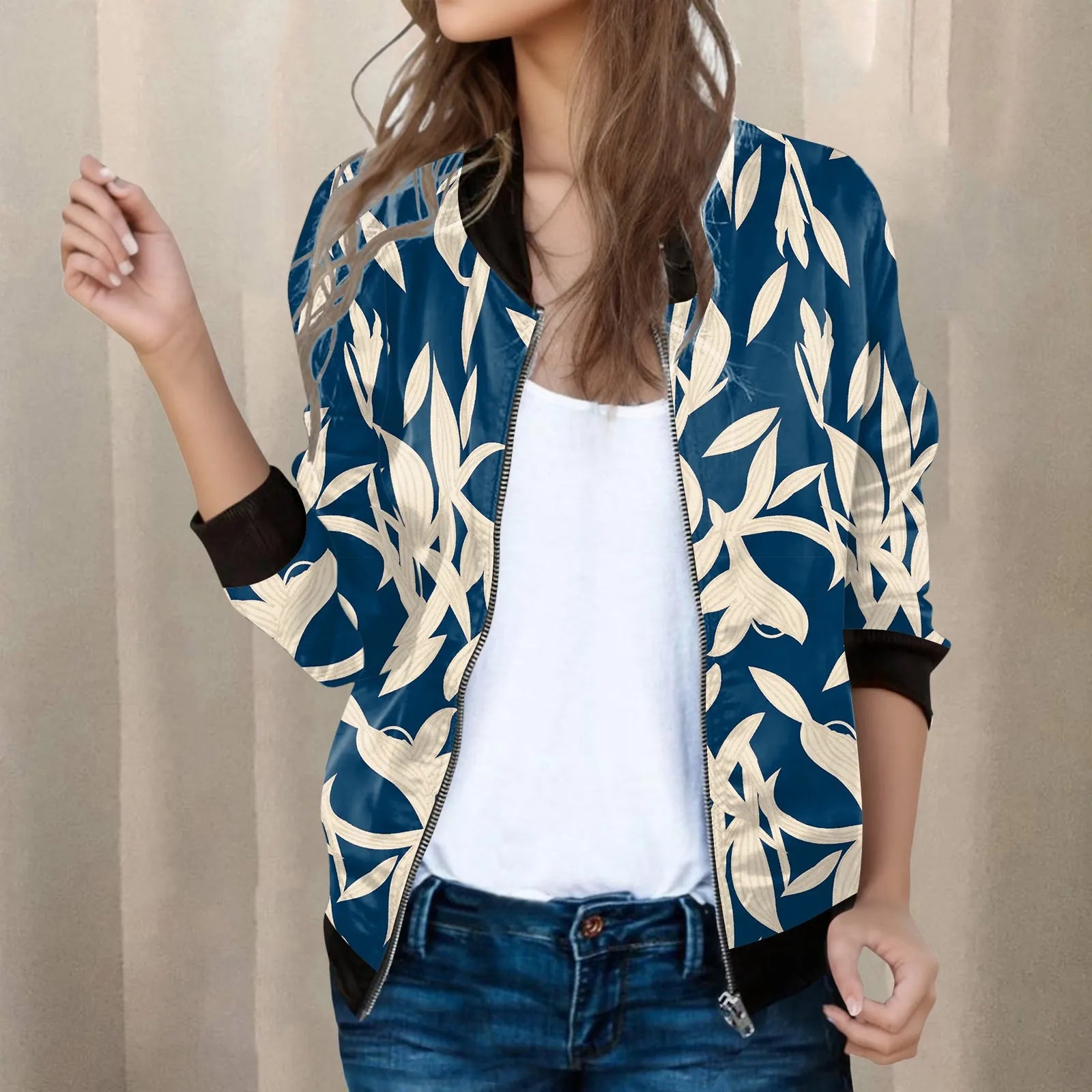 Vintage Inspired Patterned Bomber Jacket with Casual Streetwear Silhouette