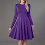 Elegant Solid Color Long-Sleeve A-Line Dress with High Waistline