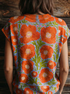 Women's Retro Floral Jacquard Knit Top with Relaxed Short Sleeve Silhouette