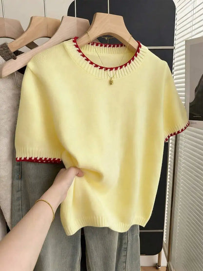 Women's Contrast Trim Short Sleeve Knit Sweater with Relaxed Retro Cropped Silhouette