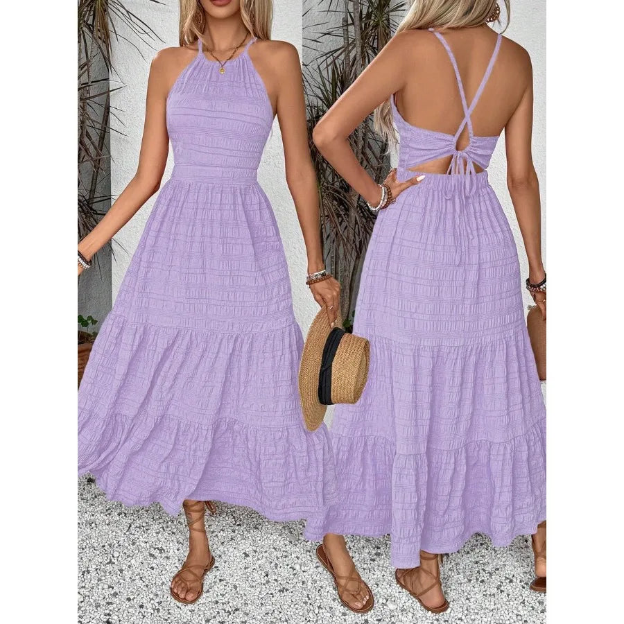 Textured Back Strap Tiered Maxi Dress with Flowy Frill Hem Design