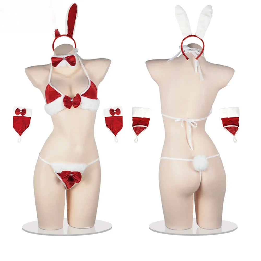White and Pink Bunny Lingerie Set with Rabbit Ear Headband, Lace Bra and Matching Panty Details