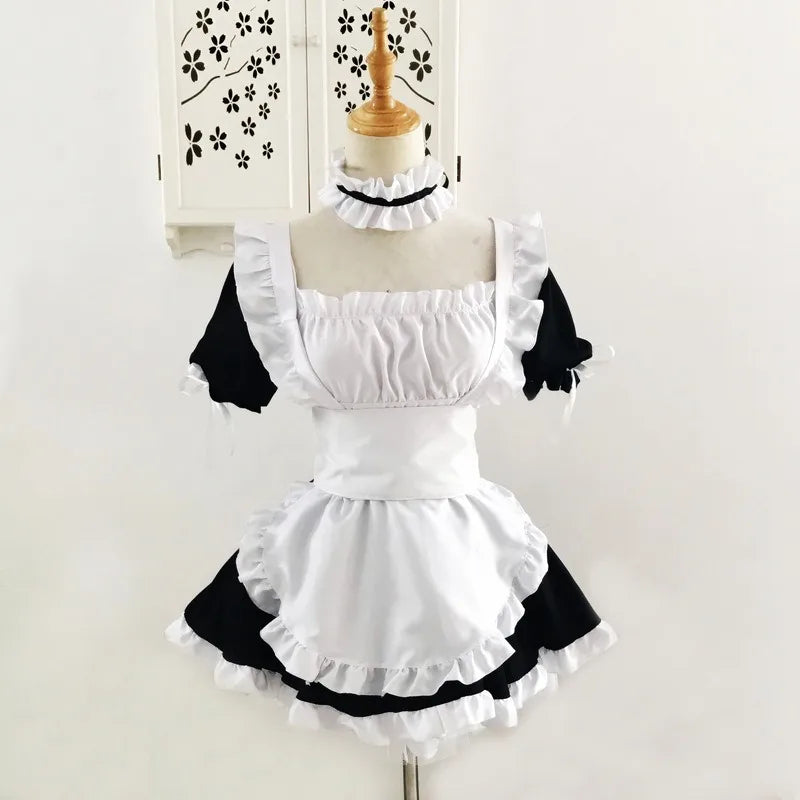 Classic Black and White Lolita Maid Dress with Ruffled Apron and Puff Sleeves
