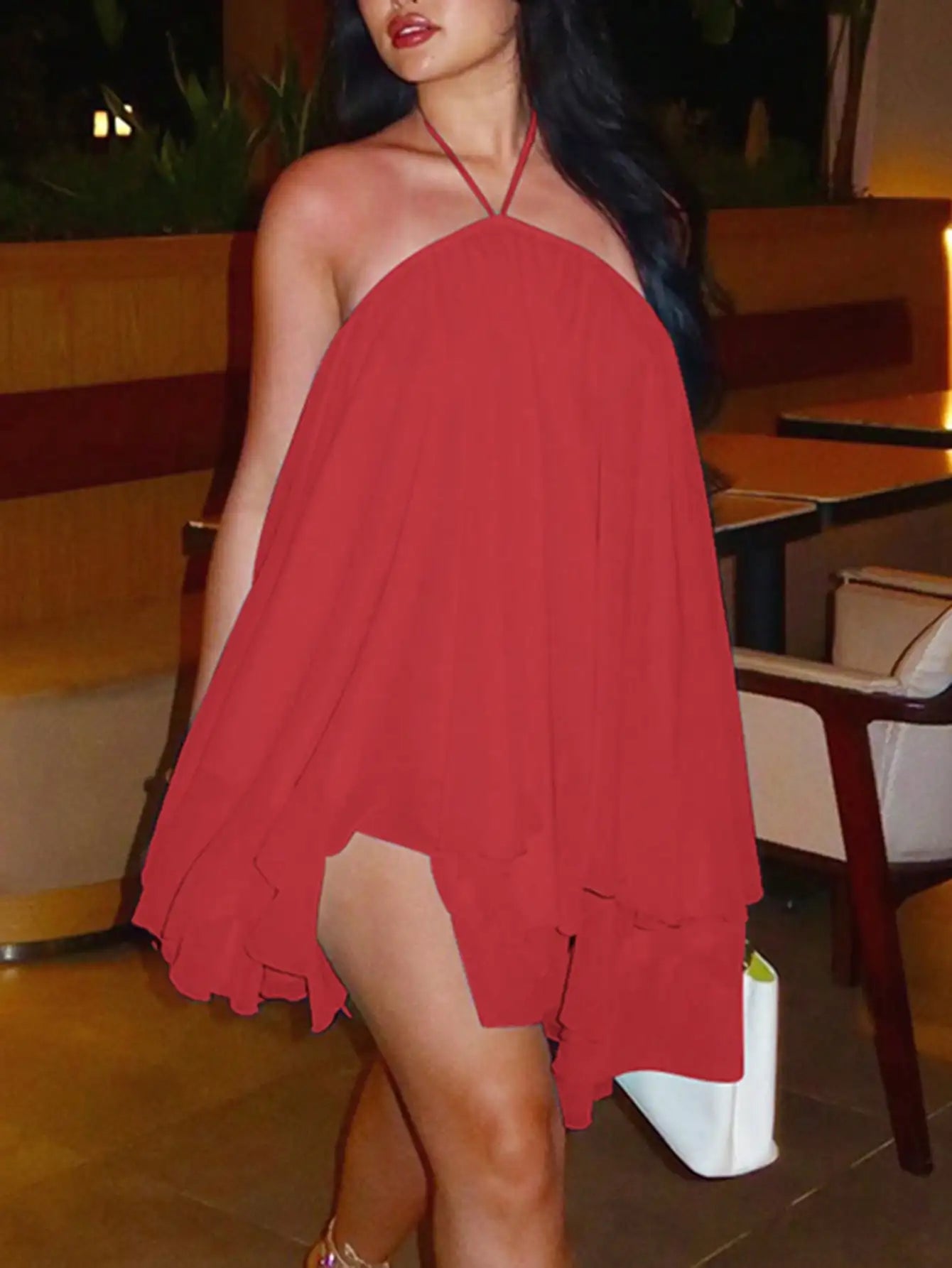 Asymmetrical Halter Mini Dress with Flowy Tiered Hem Contemporary Summer Style