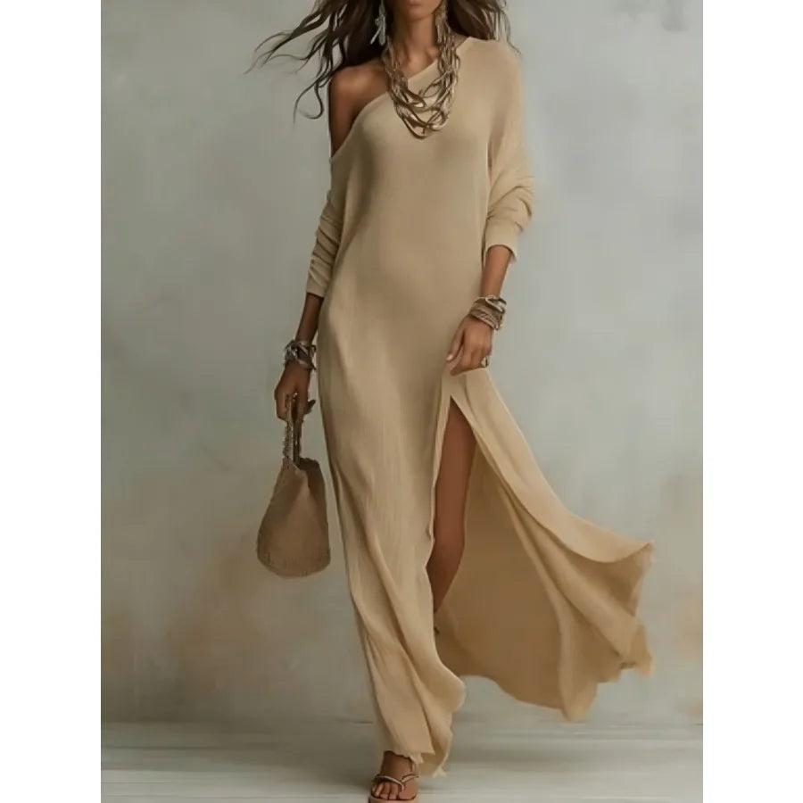Long Sleeve Pleated Split Maxi Dress with Flowing Contemporary Elegance