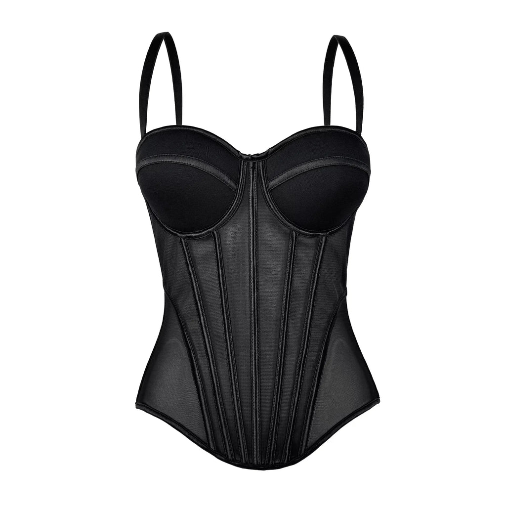 Structured Black Sweetheart Corset Top with Spaghetti Straps