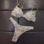 Vibrant Green Floral Underwire Bikini with Ruched Texture