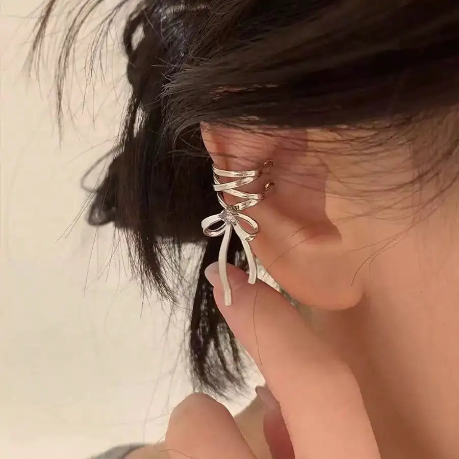 Ribbon Cross Ear Cuff with Layered Hoops for Alternative Fashion