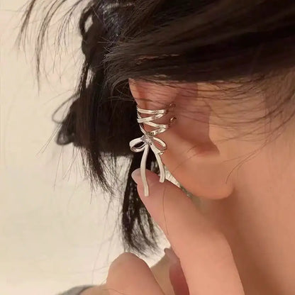 Ribbon Cross Ear Cuff with Layered Hoops for Alternative Fashion