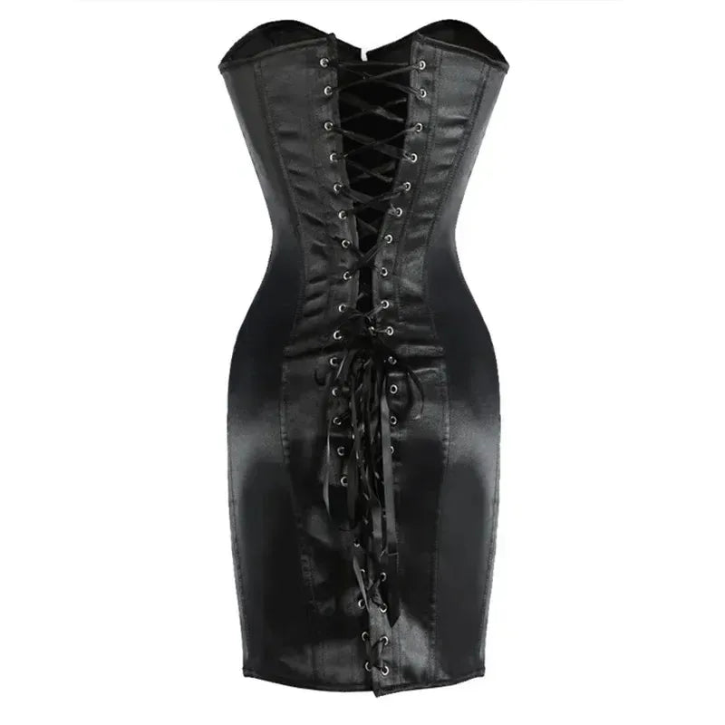 Sleek Black Satin Long-Torso Corset Dress with Front Busk and Lace-Up Detail