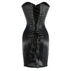 Sleek Black Satin Long-Torso Corset Dress with Front Busk and Lace-Up Detail