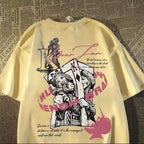 Retro Streetwear Graphic Cotton T-Shirt with Illustrative Artwork and Oversized Casual Fit
