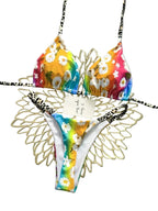 Vibrant Rainbow Daisy Print Triangle Bikini with Contrast Spotted Straps