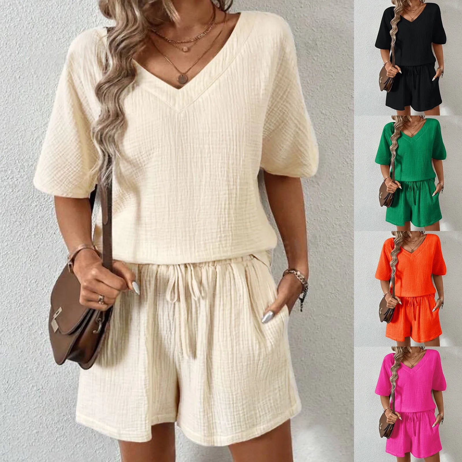 Textured V Neck Top and Shorts Relaxed Summer Co-Ord Set