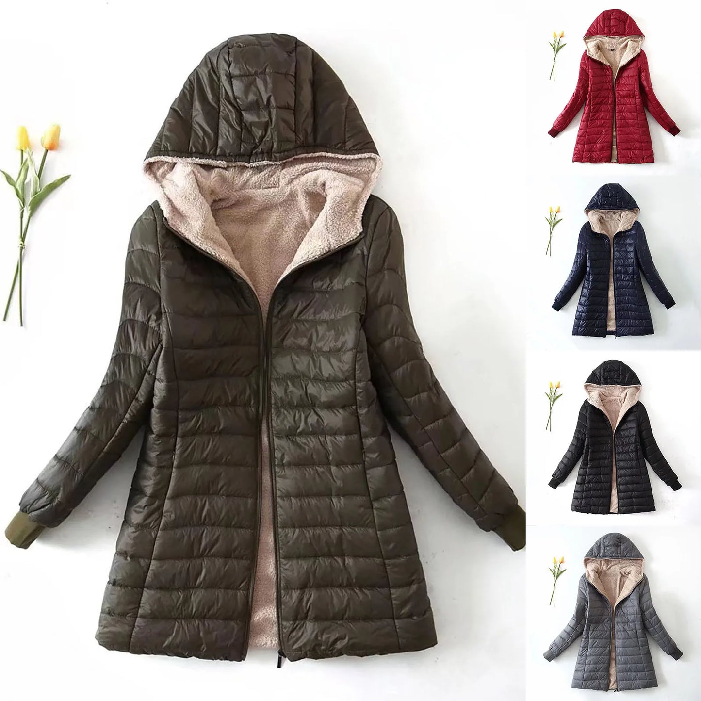 Women's Hooded Quilted Fleece Lined Zip Jacket for Warm Everyday Streetwear Layering